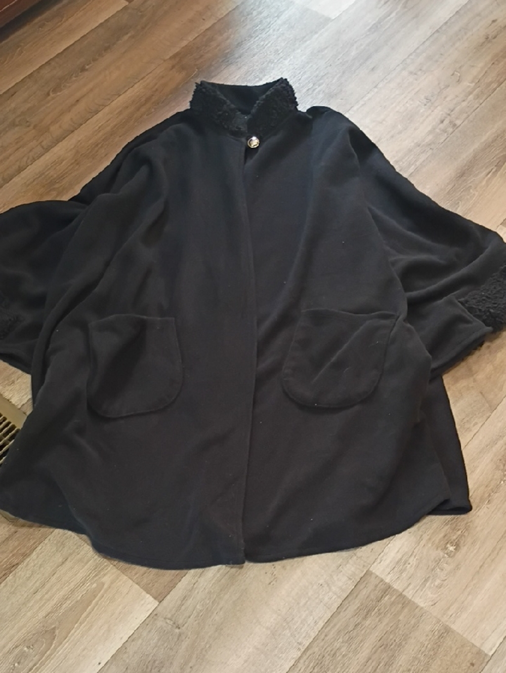 Midnight Velvet Black Button-Front Cape with Plush Trim
